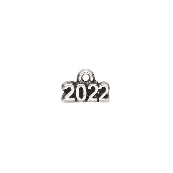 Charm, antique silver-plated "pewter" (tin-based alloy), 13x5mm single-sided "2022." Sold per pkg of 2. image number 0