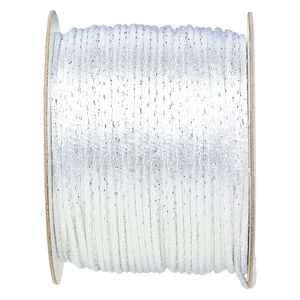 Cord, Satinique™, satin, white and metallic silver, 2mm. Sold per 432-foot spool.
