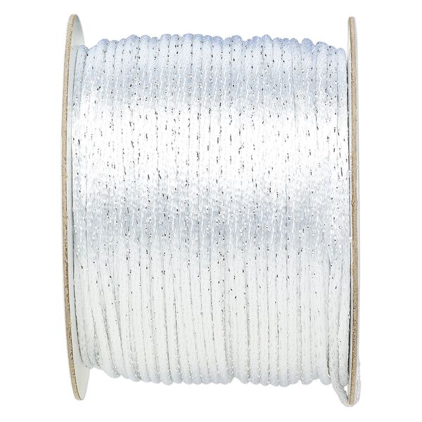Cord, Satinique™, satin, white and metallic silver, 2mm. Sold per 432-foot spool. image number 0
