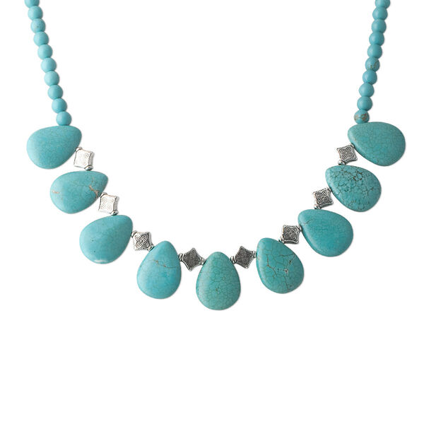 Necklace, magnesite (dyed / stabilized) and brass, blue, 6mm round / 10x10mm diamond / 24x18mm teardrop, 16 inches with 2-inch extender chain and lobster claw clasp. Sold individually. image number 0