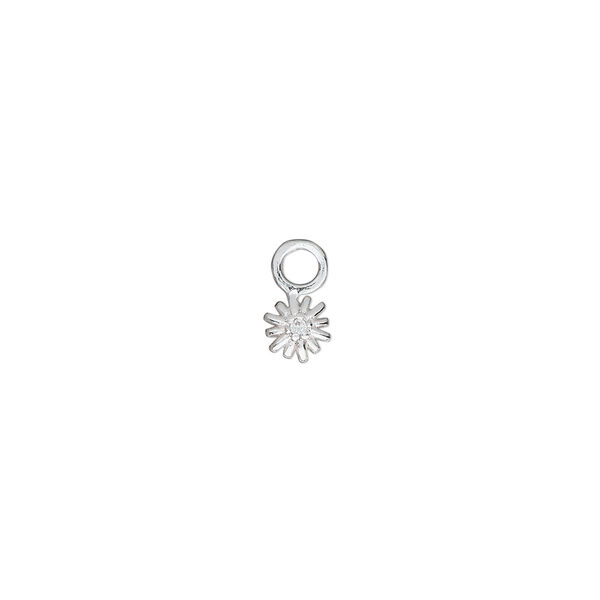 Charm, sterling silver and cubic zirconia, clear, 5mm single-sided sun with 4mm closed round loop. Sold per pkg of 2. image number 0