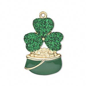 Charm, enamel and gold-finished "pewter" (zinc-based alloy), green with glitter, 29x20mm single-sided 3-leaf clover. Sold individually.