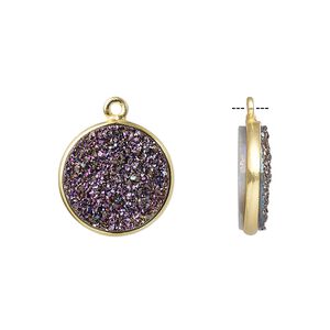 Druzy agate / sterling silver 1pkg1, electrocoated gold finished hand-cut flat round drop 15mm