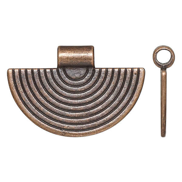Pendant, slide, antique copper-finished "pewter", 34.5x23mm double-sided fan with line design, 3.5mm inside diameter. Sold per pkg of 4. image number 0