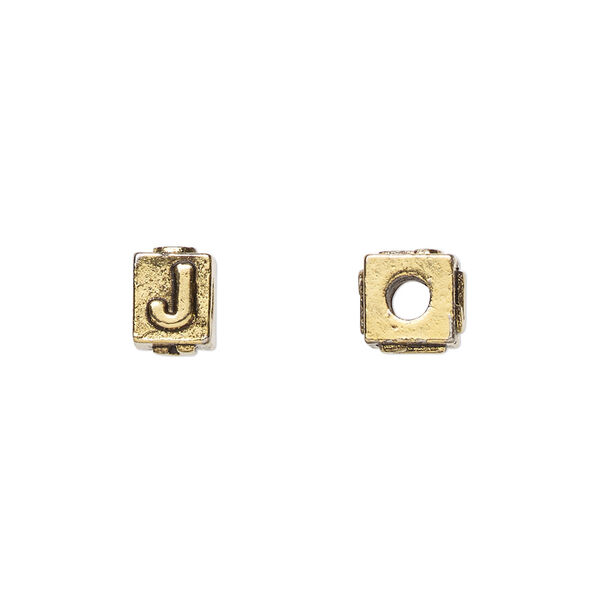 Bead, antique gold-plated pewter (tin-based alloy), 8x6mm rectangle with alphabet letter "J." Sold per pkg of 4. image number 0