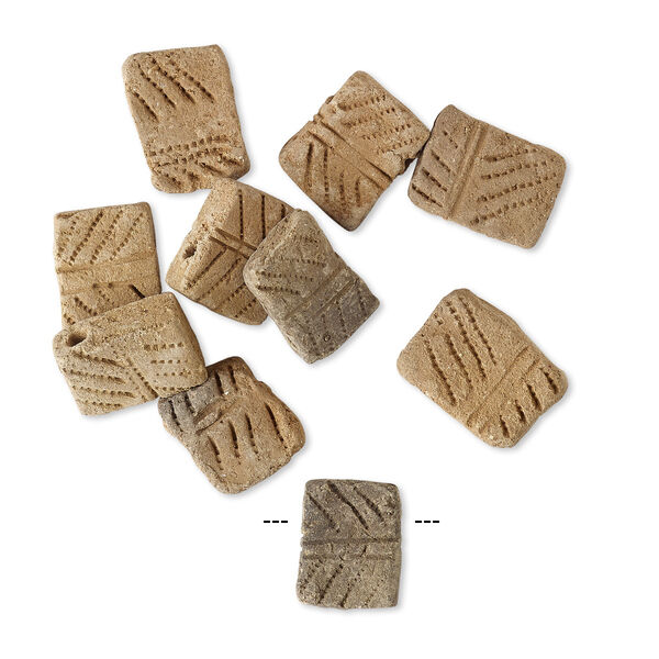 Drop mix, clay, red / grey / brown, 21x16mm-22x17mm double-sided rectangle with line design. Sold per pkg of 10. image number 0
