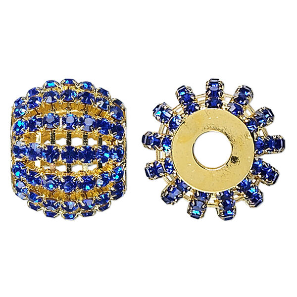 Bead, glass rhinestone and gold-finished brass, cobalt, 25x20mm barrel, 6.5mm hole. Sold individually. image number 0