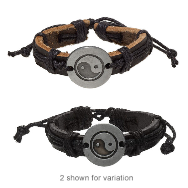 Bracelet, leather (dyed) / waxed cotton cord / antiqued "pewter" (zinc-based alloy), black, 13mm wide with 25mm round and yin-yang design, adjustable from 6 to 8-1/2 inches with wrapped knot closure. Sold per pkg of 2. image number 0