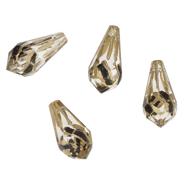 Bead, painted glass, clear / metallic gold / black, 20x9.5mm top-drilled faceted teardrop. Sold per pkg of 4. image number 0
