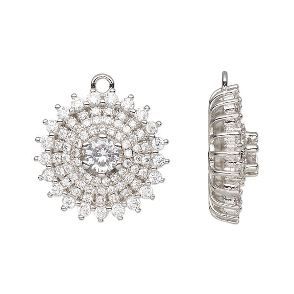Drop, cubic zirconia and silver-finished brass, clear, 20mm single-sided round. Sold individually. image number 0