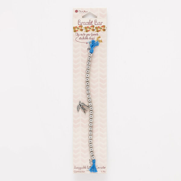 Bracelet component, acrylic / cotton / antique silver-finished "pewter" (zinc-based alloy), silver and blue, 6mm round and 19x15mm bird, 6 inches. Sold individually. image number 0