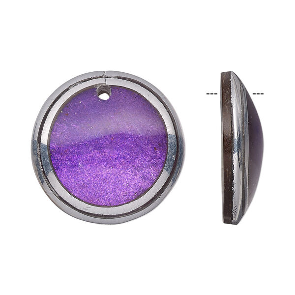 Drop, wood / Capiz shell / resin / aluminum (natural / dyed / assembled), purple and clear, 24mm single-sided flat round. Sold individually. image number 0