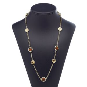 Necklace, acrylic / gold-finished brass / steel / "pewter" (zinc-based alloy), gold and amber brown, flat round, 39 inches with 3-inch extender chain and lobster claw clasp. Sold individually.