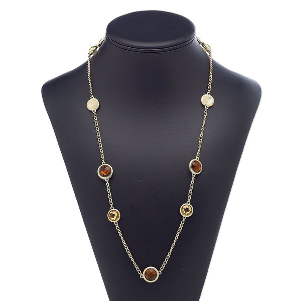 Necklace, acrylic / gold-finished brass / steel / "pewter" (zinc-based alloy), gold and amber brown, flat round, 39 inches with 3-inch extender chain and lobster claw clasp. Sold individually. image number 0