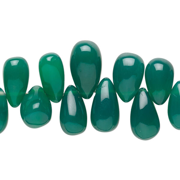 Bead, green onyx (dyed), 9x6mm-14x8mm hand-cut top-drilled teardrop with 0.4-1.4mm hole, B grade, Mohs hardness 6-1/2 to 7. Sold per 6-1/2 inch strand. image number 0