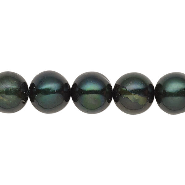 Pearl, cultured freshwater (dyed), dark green, 8-10mm semi-round with 0.4mm hole, C grade, Mohs hardness 2-1/2 to 4. Sold per 15-inch strand. image number 0