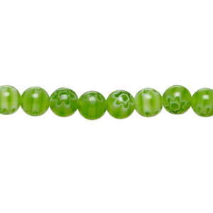 Bead, millefiori glass 1pkg1, translucent white and green, 6mm round, 15 inches.