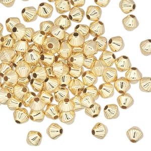 Bead, gold-plated brass, 5mm corrugated double cone. Sold per pkg of 100.