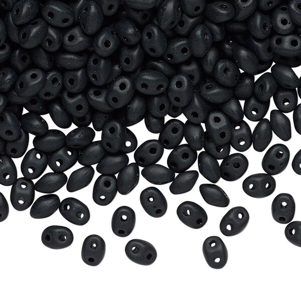 Bead, Preciosa Twin™, Pressed Twin, Czech pressed glass, matte black, 5x2.5mm oval with 2 holes. Sold per 50-gram pkg. image number 0