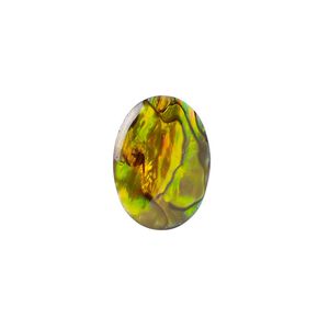 Cabochon, paua shell (coated / dyed), gold, 18x13mm calibrated oval, Mohs hardness 3-1/2. Sold per pkg of 4.