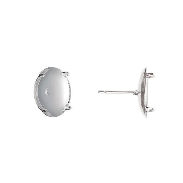Earstud 1pkg100 silver-plated, 13mm round flat pad / 12mm 4-prong round setting, steel / stainless steel 50 pair image number 0