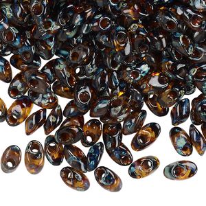 Seed bead, Miyuki, glass, pkg/250g, 7x4mm long magatama, transparent Picasso amber brown, (LMA-4502).