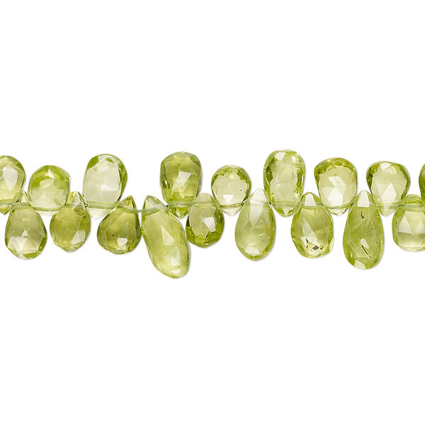 Peridot 1pkg1, hand-cut top-drilled faceted puffed teardrop bead natural B+ grade, 8 inch 6x4mm-9x5mm image number 0