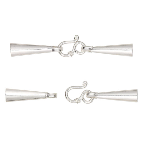 Clasp, Hill Tribes, hook-and-eye, sterling silver, 59x6mm with 2 glue-in cones, 5mm inside diameter. Sold individually. image number 0