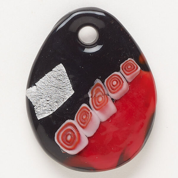 Focal, lampworked glass, opaque red / black / white, 46x37mm-47x38mm flat teardrop with silver-colored foil. Sold individually. image number 0