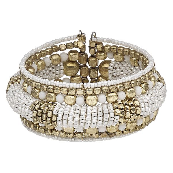 Bracelet, cuff, glass / steel memory wire / gold-finished steel, white, 34mm wide, adjustable from 7 to 8-1/2 inches. Sold individually. image number 0
