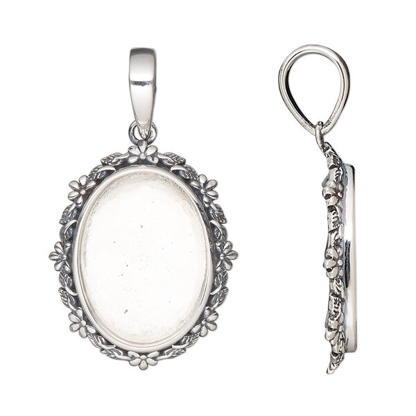 Pendant, antiqued sterling silver, 24.5x20mm oval with flower and leaves design and 18x13mm oval bezel setting. Sold individually. image number 0