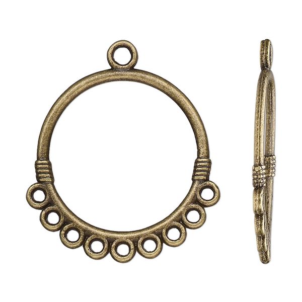 Drop, antique brass-finished "pewter" (zinc-based alloy), 26mm double-sided open round with 9 closed loops. Sold per pkg of 10. image number 0