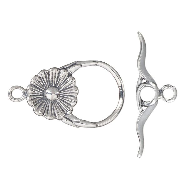Clasp toggle 1pkg1 sterling silver, 23x16mm flower, antiqued 1-strand image number 0