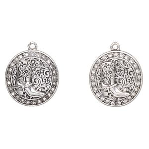 Charm, antique silver finish "pewter" (zinc-based alloy) and glass, clear, 23mm round with cowboy boot. Sold per pkg of 2.