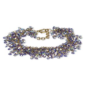 Bracelet, acrylic sequin with gold-finished brass and steel, purple AB, 20mm wide with 4mm round, 7 inches with 1-1/2 inch extender chain and lobster claw clasp. Sold individually.