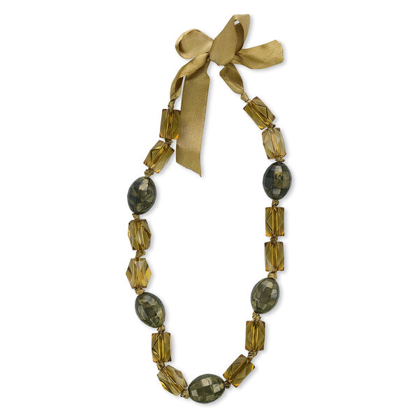 Necklace, acrylic and organza ribbon, dark and light olive green, 22x14mm faceted oval, 28x21mm faceted rectangle, 19 inches. Sold individually. image number 0