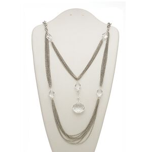 Necklace, glass / acrylic / silver-plated steel, clear, 30x30mm, 24 inches with 2-inch extender chain and lobster claw clasp. Sold individually.