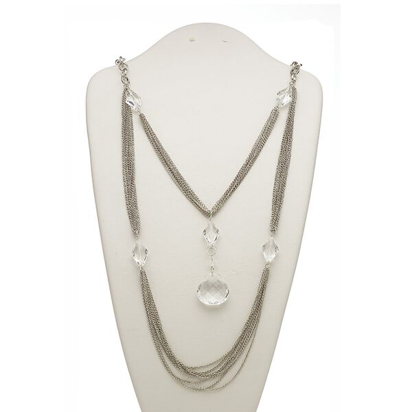 Necklace, glass / acrylic / silver-plated steel, clear, 30x30mm, 24 inches with 2-inch extender chain and lobster claw clasp. Sold individually. image number 0