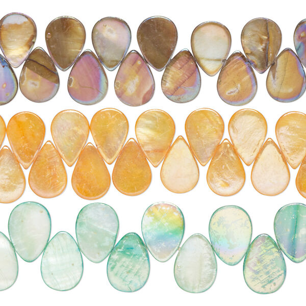 Bead mix, mother-of-pearl shell (bleached / dyed), multicolored AB, 16x11mm-21x15mm flat teardrop with 0.4-0.6mm hole, Mohs hardness 3-1/2. Sold per pkg of (3) 15-inch strands. image number 0