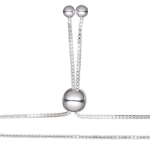 Necklace component, sterling silver and silicone, clear, 1mm box chain, 20 inches with 8mm adjustable slider bead and 2 open loops. Sold individually. image number 0