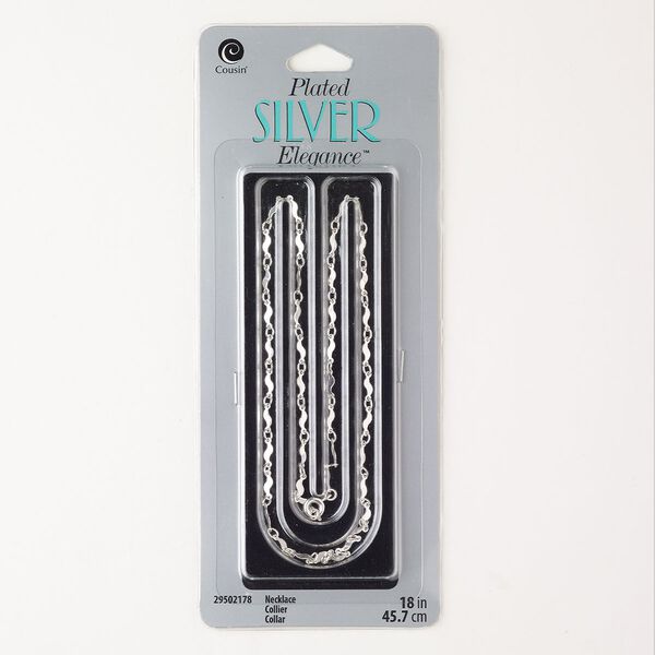 Necklace, brass, pkg/18 inches, silver plate, 2.8mm wave with springring clasp. image number 0
