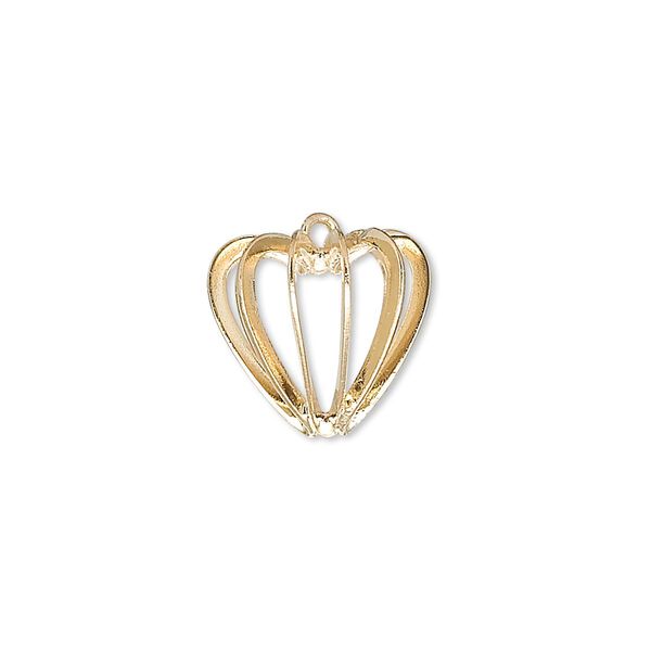 Drop, gold-plated brass and steel, 14mm heart bead cage. Sold per pkg of 100. image number 0