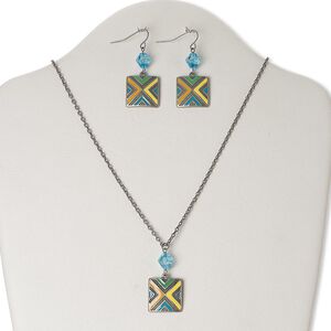 Necklace and earring set, glass / enamel / antiqued silver-finished "pewter" (zinc-based alloy) / steel, blue and multicolored, 18 inches with 3-inch extender chain and lobster claw clasp, 48x21mm earrings with fishhook ear wire. Sold per set.