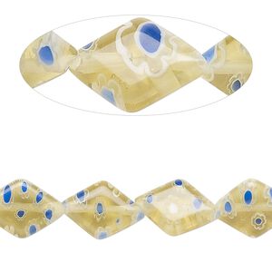 Bead, millefiori glass, translucent pale yellow / blue / white, 11x9-14x10mm puffed diamond with flower design. Sold per 14-inch strand.