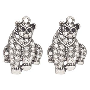 Charm, antique silver-finished "pewter" (zinc-based alloy) and glass, clear and black, 26x19mm single-sided polar bear. Sold per pkg of 2.