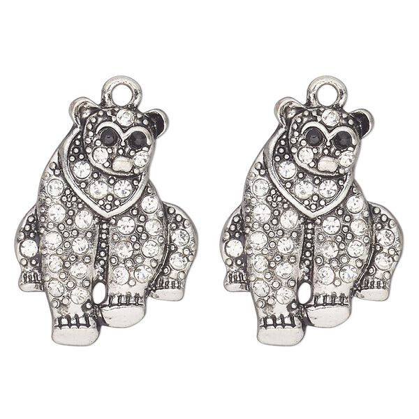 Charm, antique silver-finished "pewter" (zinc-based alloy) and glass, clear and black, 26x19mm single-sided polar bear. Sold per pkg of 2. image number 0