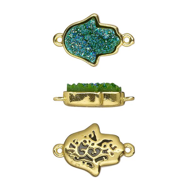 Link, Druzylite™, "druzy" (resin) and gold-finished brass, green, 14x12.5mm two-sided Hamsa hand with open filigree back. Sold per pkg of 4. image number 0