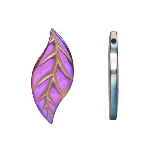 Drop, electroplated Hemalyke™ (man-made), rainbow, 27.5x12mm two-sided leaf. Sold per pkg of 4. image number 0