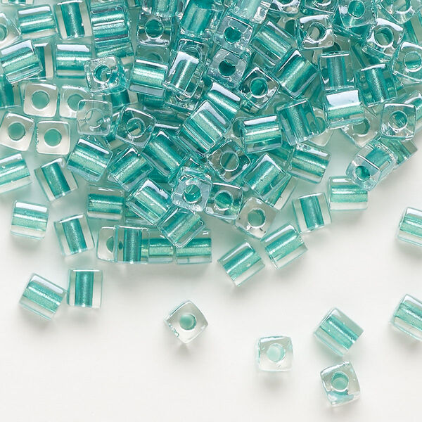 Seed bead, Miyuki, glass, pkg/250g, 3.5-3.7mm square, transparent metallic teal inside dyed color clear (SB-2605). image number 0