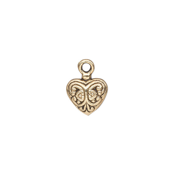 Charm, antique gold-finished "pewter" (zinc-based alloy), 11x10mm single-sided fancy puffed heart. Sold per pkg of 10. image number 0
